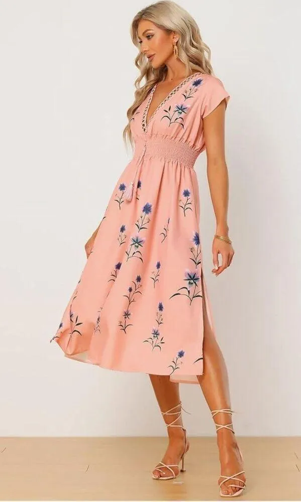 NEW Allegra K Deep V Neck Boho Floral Smocked Waist Midi Dress L - Image 4
