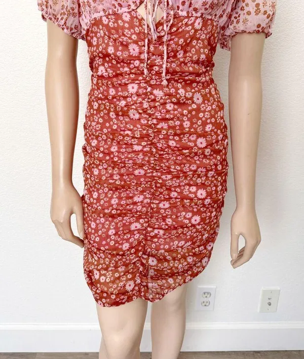 [Free People] Tessa Floral Puff Sleeve Ruched Open Back Mini Dress Size Large L - Image 7