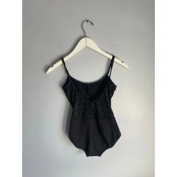 Black Eyelet Swimsuit Spaghetti Straps Lace Detail Whimsical Vacation size Small - Image 3
