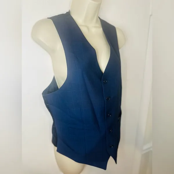 Navy Blue Plaid 5 Button Front Poly Rayon Blend Tailored Suit Vest -- Women's S - Image 2
