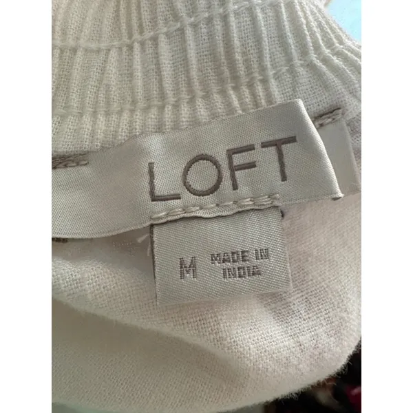 LOFT Linen Blend Embroidered Mini Skirt White Navy Red Boho Smocked Waist Size M - Image 4