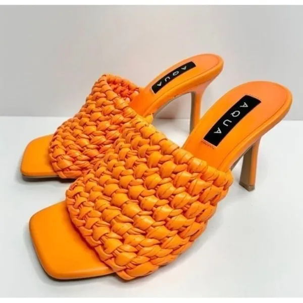 AQUA Orange Woven Heeled Mules Size 6M Square Toe Slip On Heels Sandals‎ - Image 3