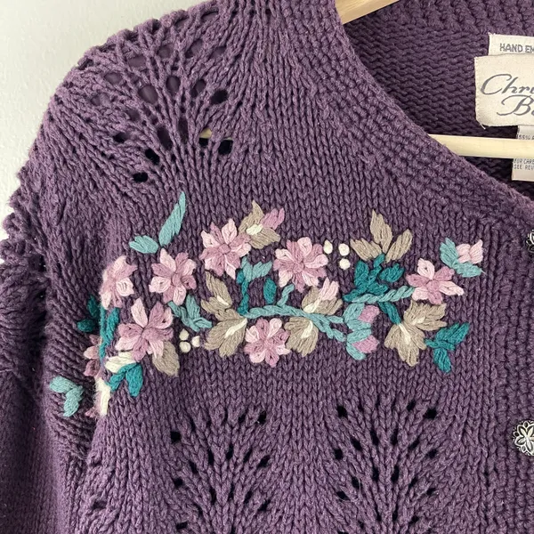 Christopher & Banks Vintage 90’s Purple Hand Embroidered Floral Knit Sweater - Image 6