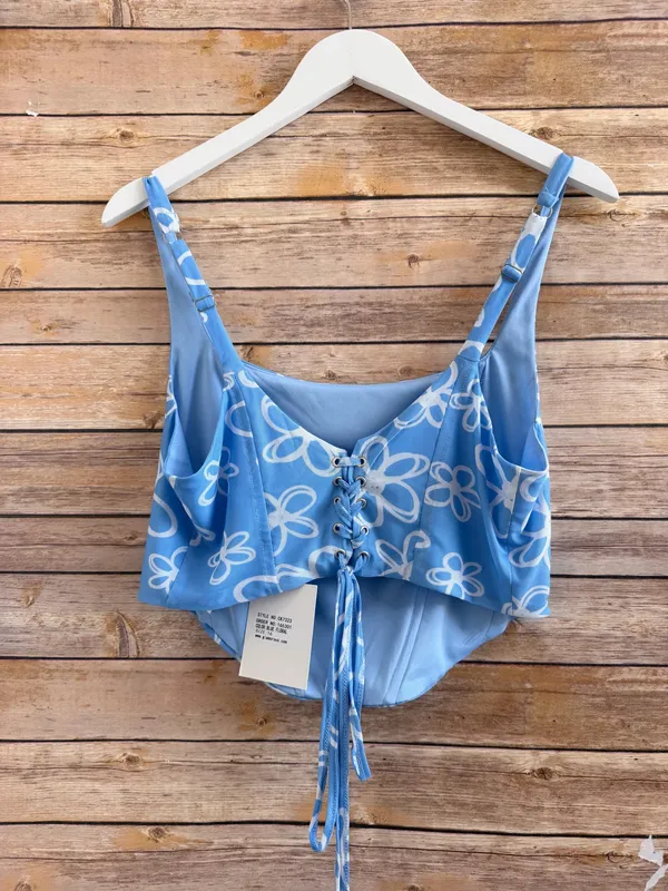 Glamorous Crop Top Women’s Size US 12 Blue White Floral Structured Corset NWT - Image 2