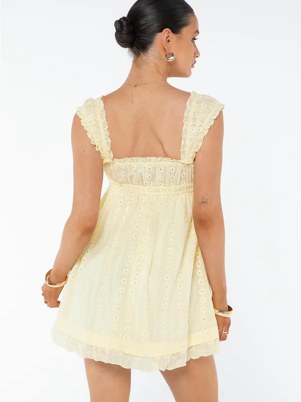 Altar'd State Pale Yellow Eyelet Ruffle Mini Dress - Image 3
