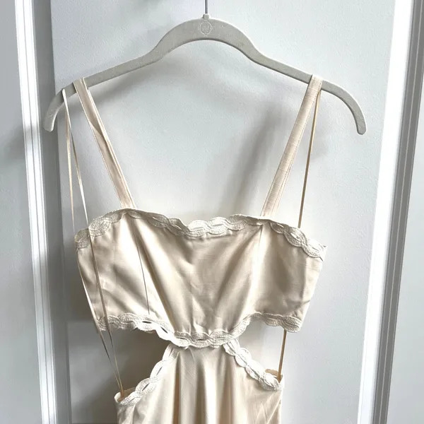 Mango Cutout Maxi Dress Women 2 Cream Scalloped Embroidered Trim Minimalist Boho - Image 7