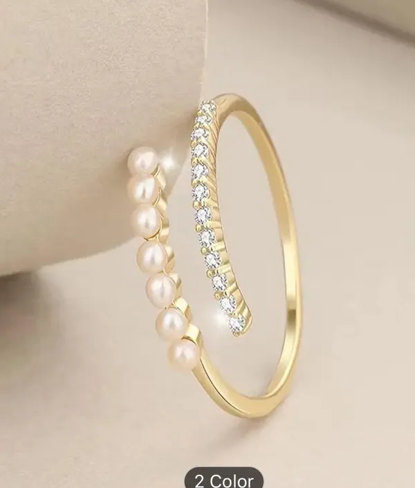 Vintage & Vacation Style Adjustable Copper Ring With Zirconia Inlay & Pearl Ring - Image 5
