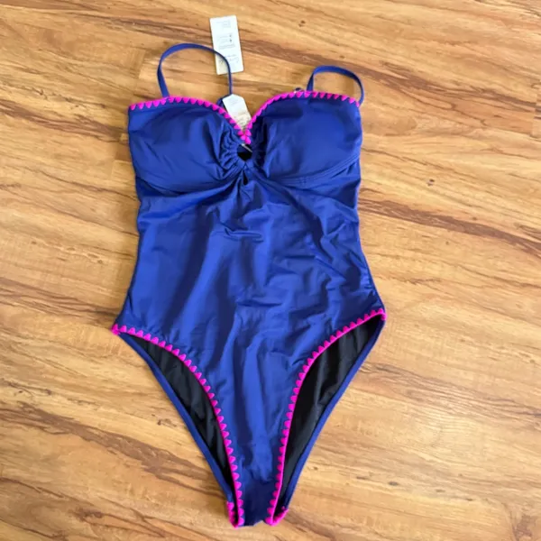 Cupshe Blue‎ Pink Scalloped One Piece Swimsuit Keyhole Ruched Small - Image 8