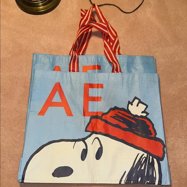 American Eagle Peanuts Snoopy Reusable Tote Bags Holiday Winter RARE 2PK - Image 3