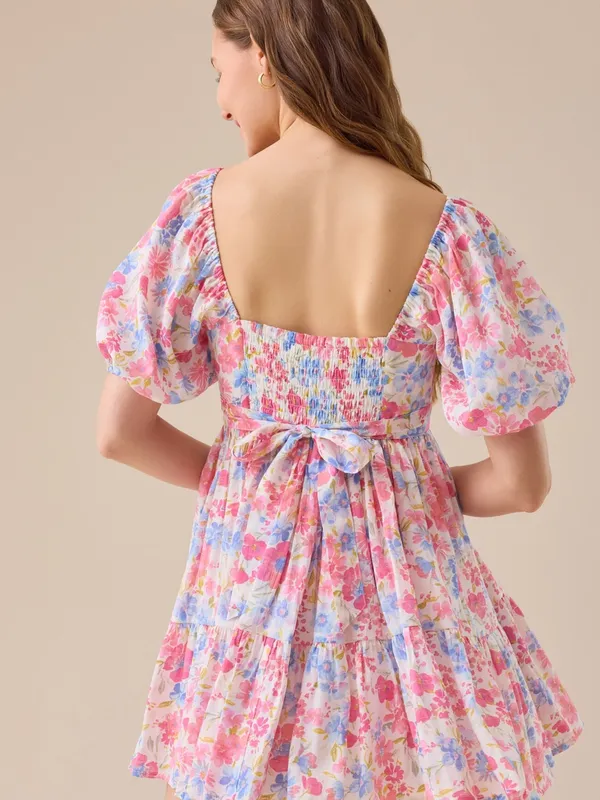 Altar'd State Pink Blue Floral Square-Neck Puff Sleeve Mini Dress High Tea XL - Image 7
