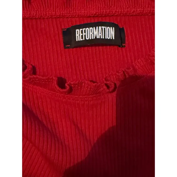 Reformation Ribbed Off Shoulder Crop Top Womens S‎ Red Lettuce Trim Fitted - Image 3
