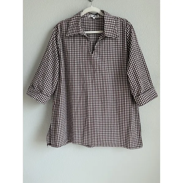 Aggieland Outfitters‎ Maroon Gingham Split Neck Tunic Blouse XL Gameday Preppy - Image 5