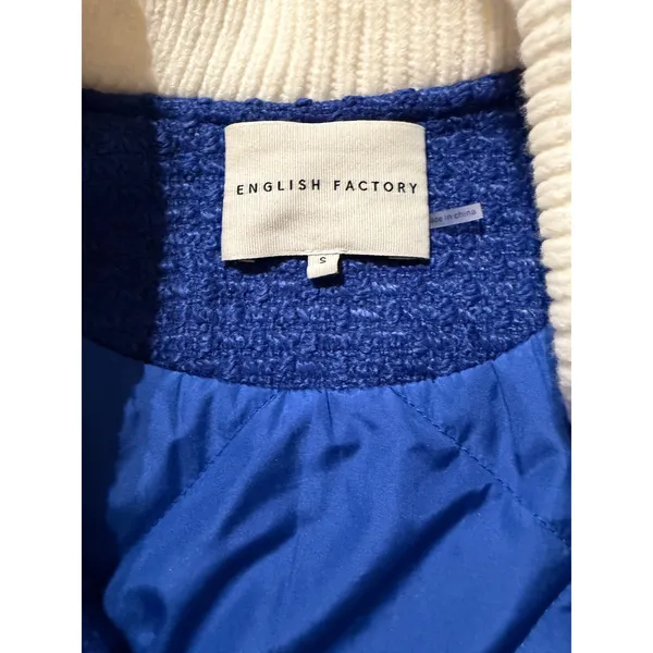 English Factory Navy Blue Cream Oversized Bomber Jacket Sz S Varsity Puffer - Image 3