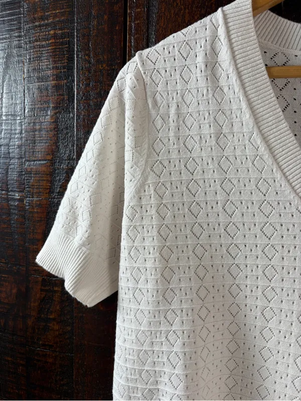 Splendid Cream Short-Sleeve Pointelle V-Neck Sweater Knit Top Medium - Image 5