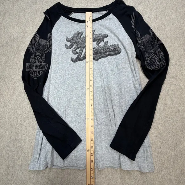 Harley Davidson Raglan Shirt Womens L Gray Bling Glam Biker Americana Moto USA - Image 10