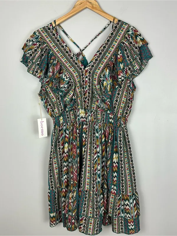 Boemo Ruffle Hem Mini Aztec Geometric Print Dress Flutter Sleeve Size Large NWT - Image 11
