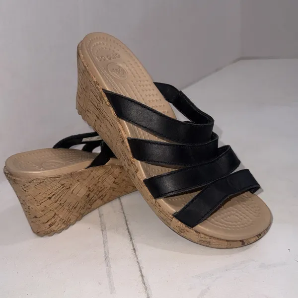Crocs A-Leigh Cork Wedge Black Sandals Strappy Leather Classic Women's Size 7 - Image 14