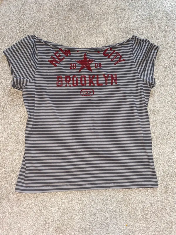 Urban Outfitters Black & Grey Striped New York Slash Neck Tee - Image 2