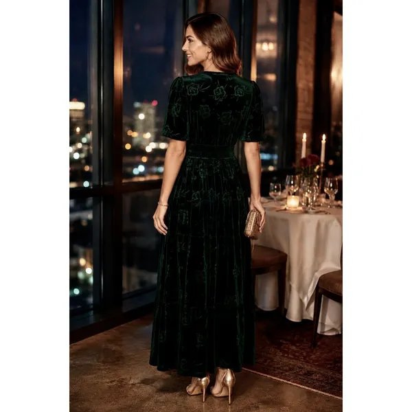 BALTIC BORN Green Velvet Artemis Maxi Dress Tonal Floral Smocked Flutter Small - Image 6