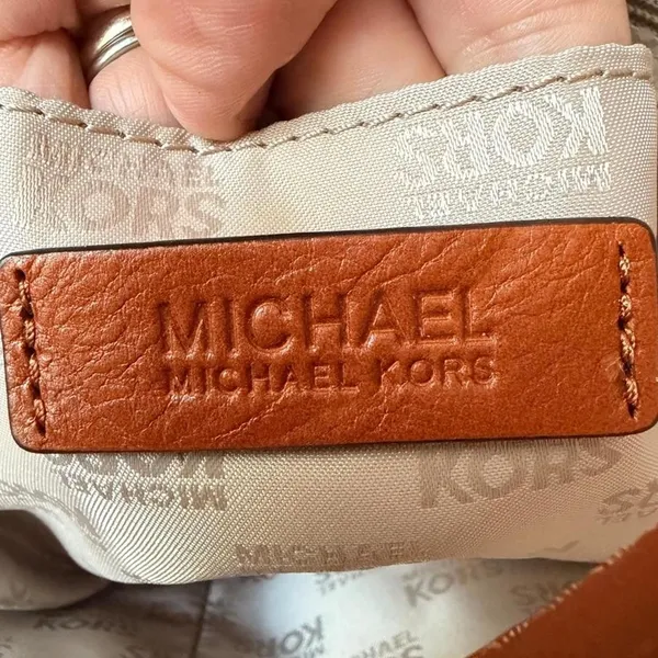 Michael Kors Jet Set Ivory Canvas Brown Leather Trim Tote Bag MK Charm - Image 7