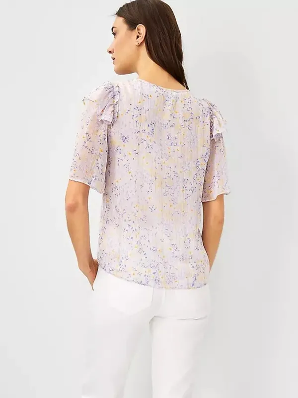 NWT Ann Taylor Size Medium Floral Flutter Sleeve Subtle Metallic Blouse NEW - Image 2