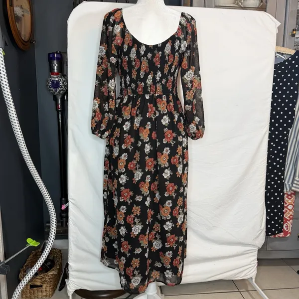 Hollister Dress Womens Medium Floral Long‎ Puff Sleeve Slit Midi Chiffon Retro - Image 10