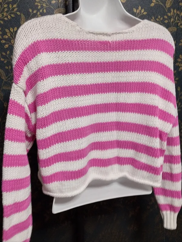 aerie Pink and White Striped Crewneck Sweater - Image 2