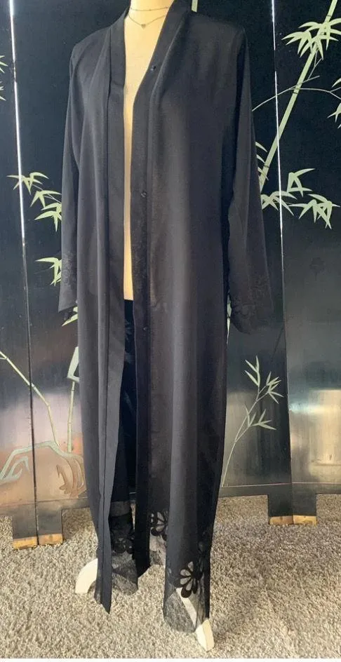 open front black maxi cardigan mesh & embroidered detail size Large Made In UAE - Image 3