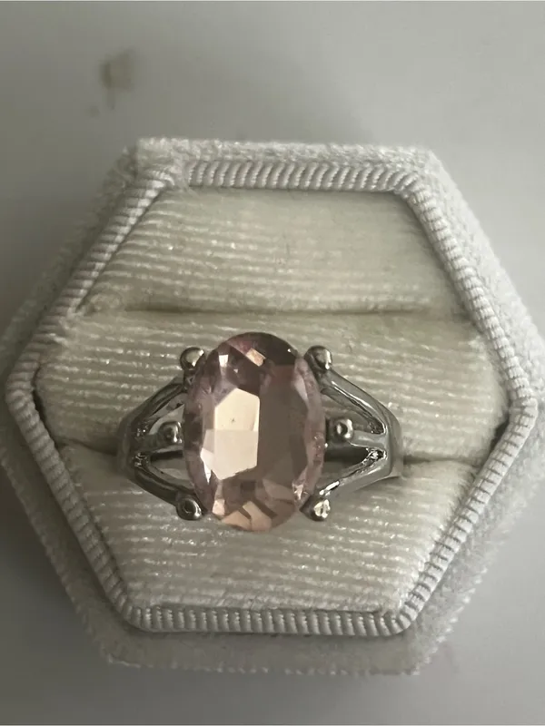 Delicate Pink Oval Gemstone Ring in Silver Setting Size 9 - Image 2