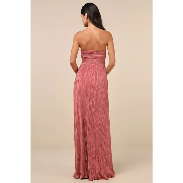 NWT Lulus Desme Rose Pink Satin Plisse Strapless Maxi Dress Holiday Party Size M - Image 3