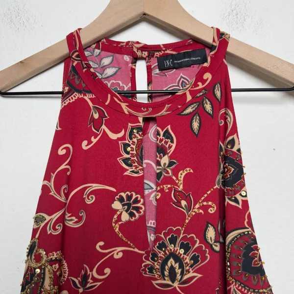 American Vintage VTG 90s Babydoll Whimsigoth Top XL Cherry Red Sequins Jacquard Asian Print Halte - Image 3