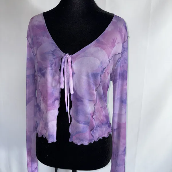Caution To The Wind Purple Mesh Blouse Tie Front Medium Cover Up Y2K 🩷 - Image 2