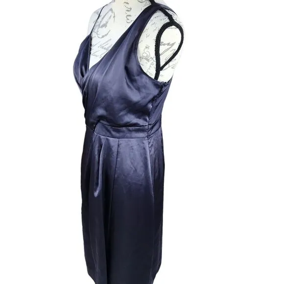 Banana‎ Republic -738 Faux Wrap Slip Dress Asymmetrical shoulder Black Satin 4 - Image 8