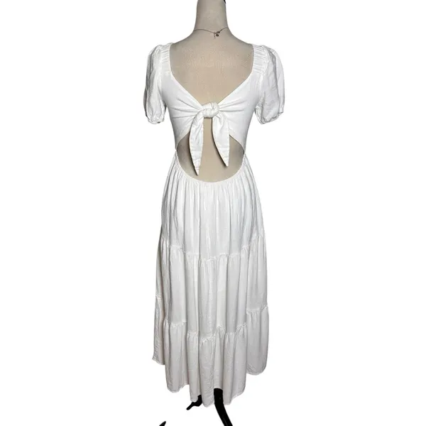 Sadie & Sage White Cottagecore Puff Sleeve Tie‎ Back Midi Dress Boho Prairie S - Image 2