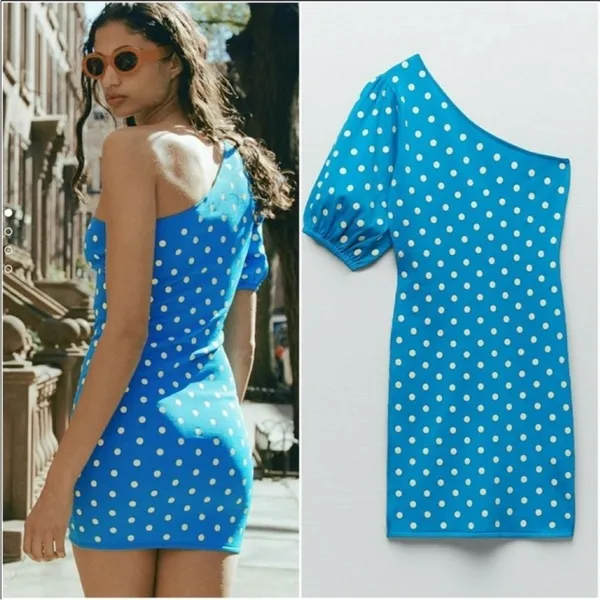 ZARA // turquoise polka‎ dot 1 puff shoulder knit size L - Image 2