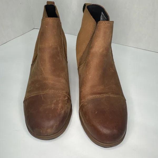 Sorel Evie Womens 6.5 Cognac Chelsea Ankle Boots Leather Suede Wedge Lug Rubber - Image 3