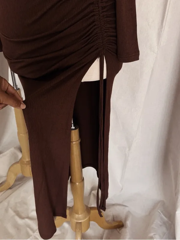 Elegant Brown Ruched Long-Sleeve Midi Dress - Image 6