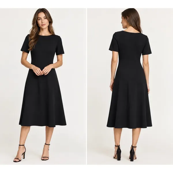 NWOT COS Black Knit Fit & Flare Midi Dress Women's Size Small Short Sleeve - Image 2