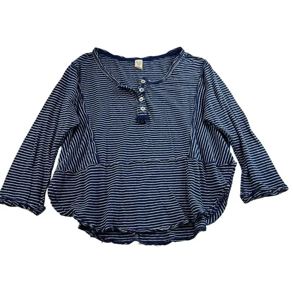 We The Free People S Small Hong Kong Henley Top Navy Striped Raw Hem Boho Beachy - Image 3