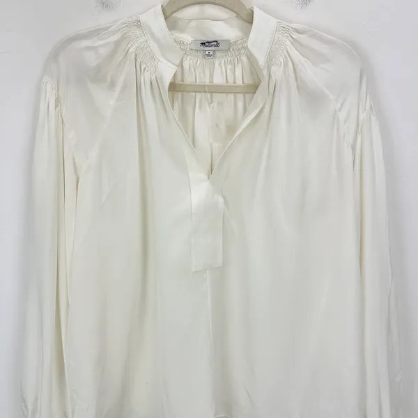 Madewell Shirred Long Sleeve Top Blouse Silk Lightweight Winter White Medium NWT - Image 7