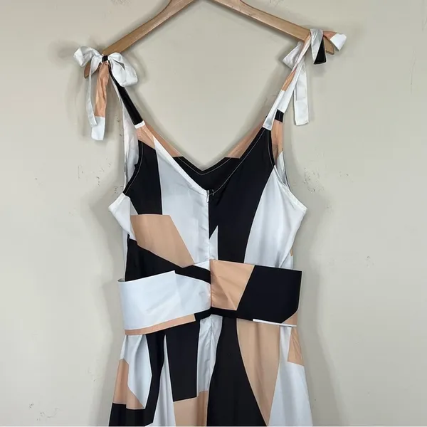 CBR ChicMe black tan geometric print tie shoulder belted midi dress M NEW - Image 6