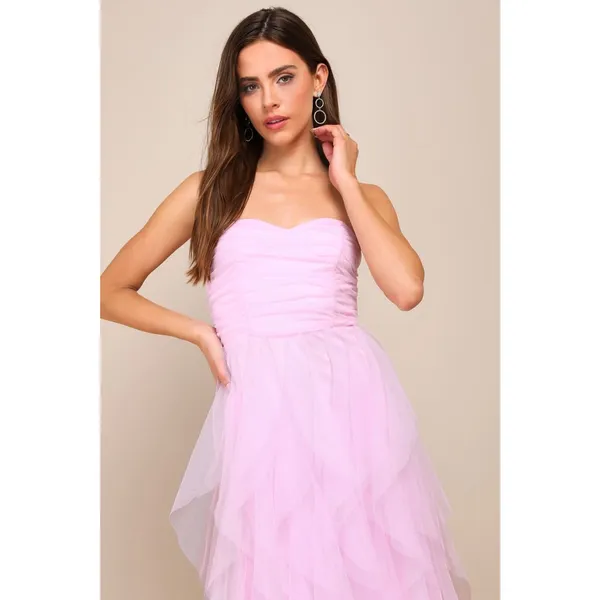 Lulus Delightful Beauty Pink Mesh Strapless Ruched Ruffled Maxi Dress Small NWT - Image 2
