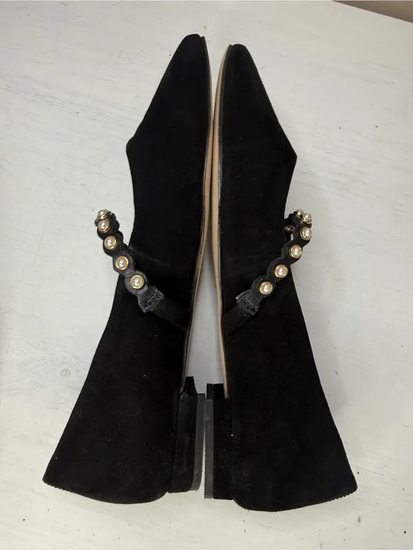 Boden Black Mary Jane Ballet Flats Pearl Strap Suede Size 37 Academia Office - Image 5