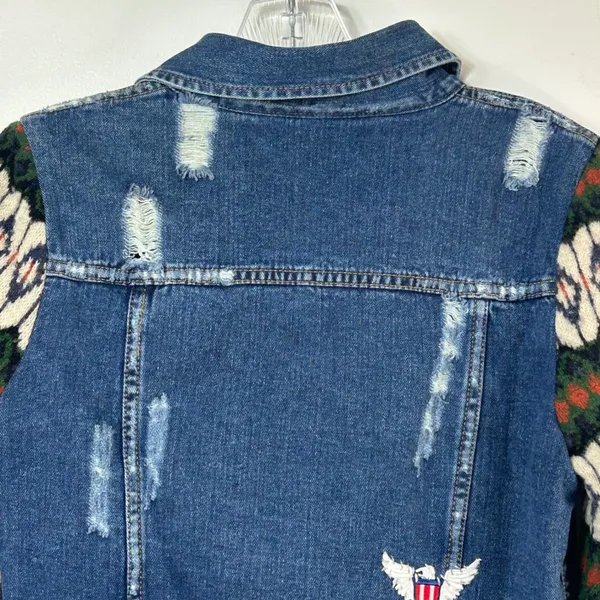 Free People Distressed Denim Jacket Fair Isle Wool Knit Sleeves Blue Small - Image 7