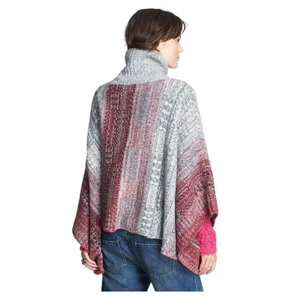 Free People Willow Poncho‎ Womens S Red Gray Knit Turtleneck Oversized Cozy Boho - Image 4