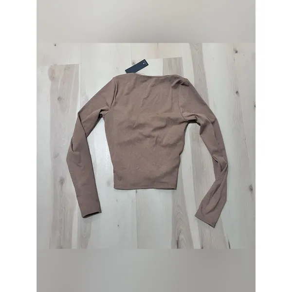 Lulus NWT Women Small Brown Ribbed Long Sleeve Twist-Front Top Fall Minimalist - Image 4