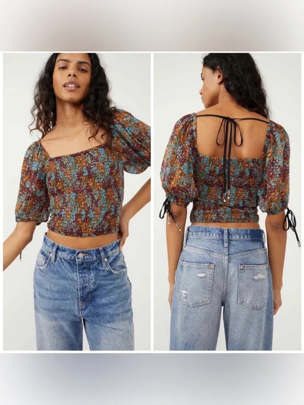 Free People Floral Puff-Sleeve Crop Top in Multi Colors - Image 3