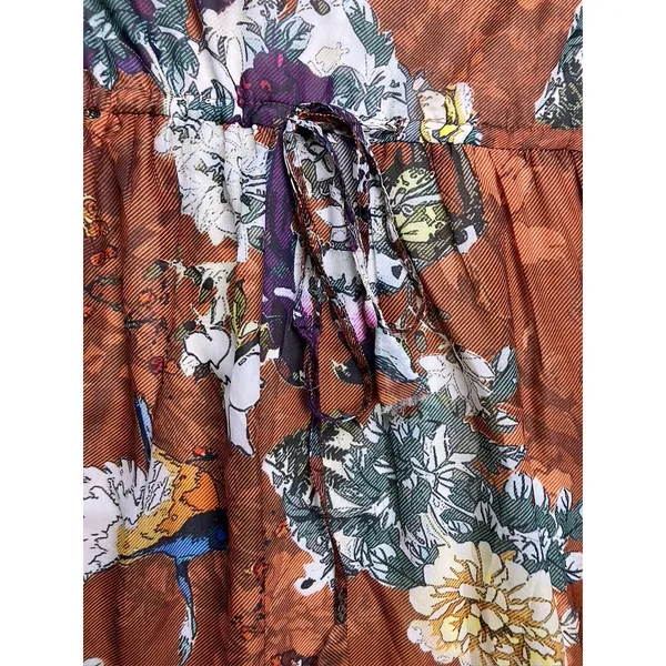 Hemant‎ & Nandita Floral Tiered Dress Women 6 Rust Orange V-Neck Long Sleeve - Image 4