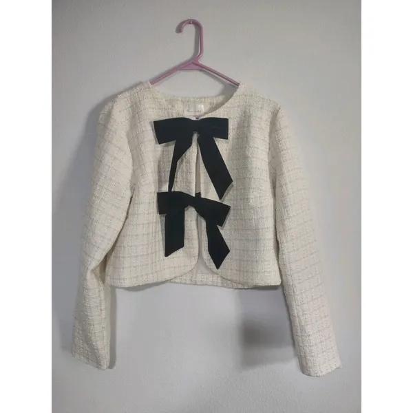Line & Dot Kinzie Top, ivory cropped tweed jacket. Bow Detail Cropped Wool Poly - Image 7