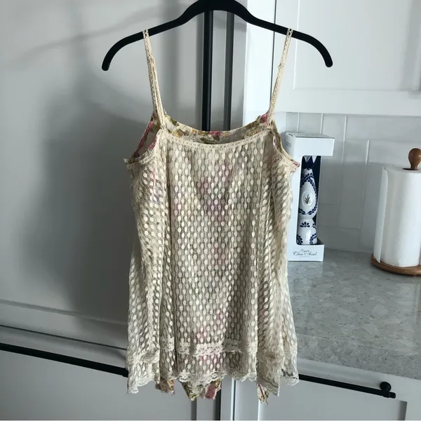 Free People Eyelet Lace Boho Chic Floral Tunic Tank Top Small - Image 3